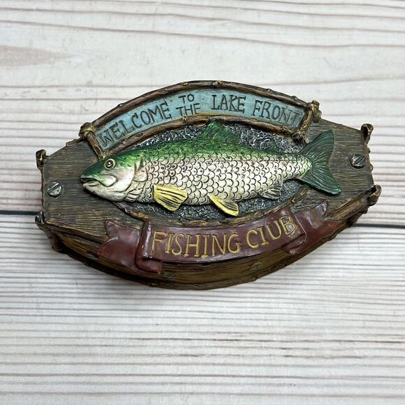 Vintage Trinket Box Welcome to Lake Front Fishing Club Accessory Container Wood - Picture 9 of 15